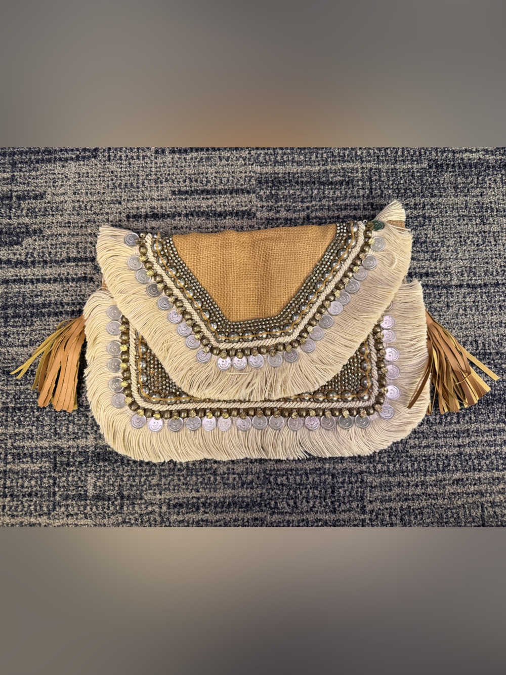 Shashi Fringed Beaded Beige Clutch Bag - Neutral Statement Purse